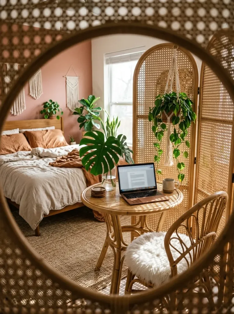 Woven rattan screen and table in a bohemian bedroom corner.