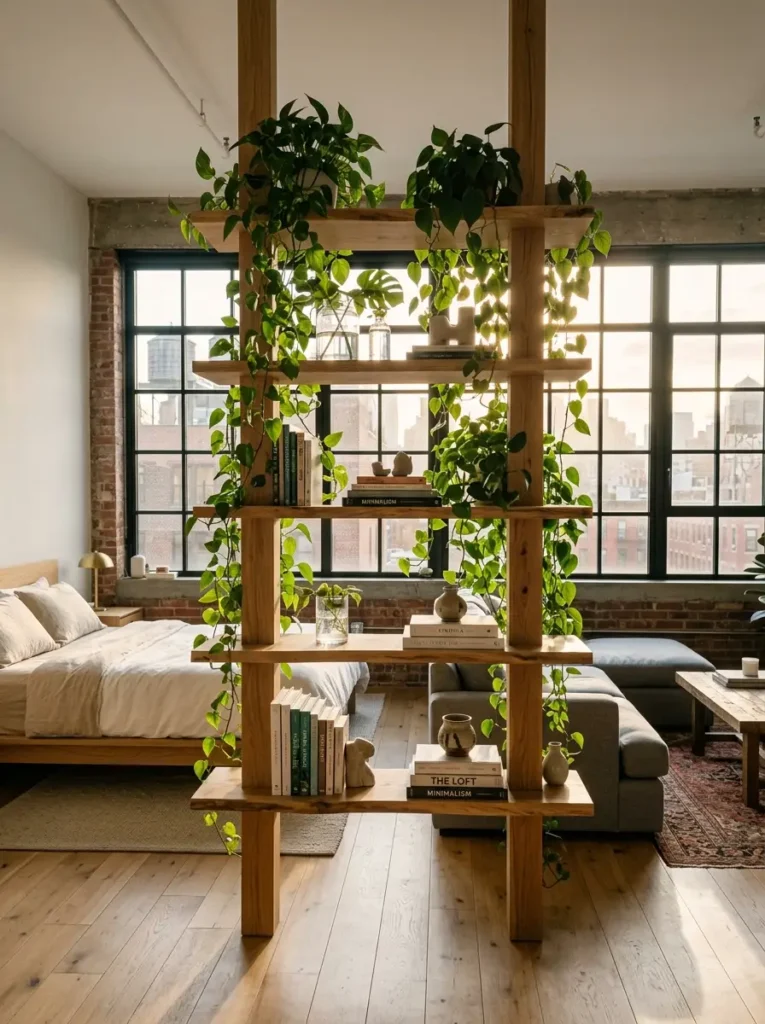 Tall wooden shelving unit acting as a room divider filled with books and trailing green plants.