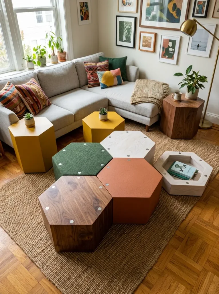 Modular Hexagon Puzzle Table Cluster of hexagon shaped tables in various colors fabrics and wood finishes.