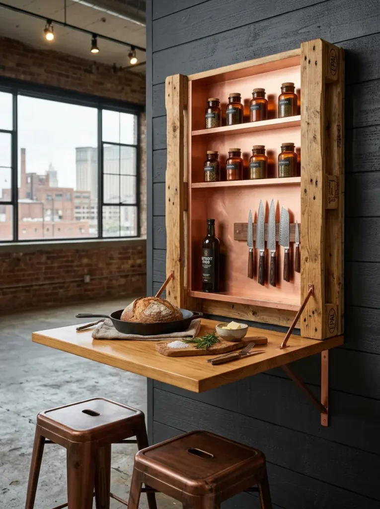 Wooden Pallet Cabinet Drop Down Prep Board Wooden pallet wall cabinet with a drop down space saving dining table revealing chef knives and spices.