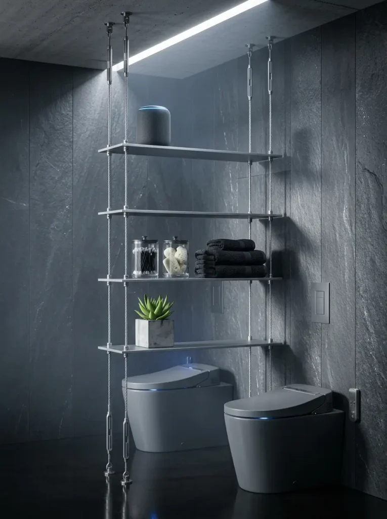 Steel cables suspending silver shelves from the ceiling over a gray smart toilet