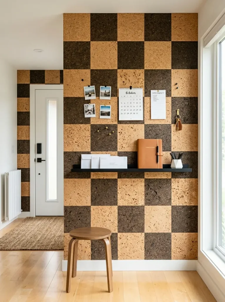Light and dark cork tiles form a large checkerboard wall holding photos and a slim black shelf.