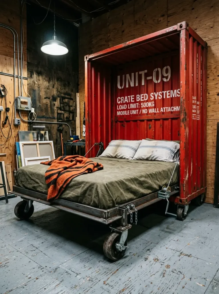 Red Shipping Container Mobile Bed Bright red corrugated shipping container mounted on wheels that folds down into a mobile affordable murphy bed.