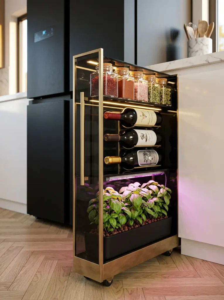 Slender gold wine cart with integrated LED lighting for growing basil