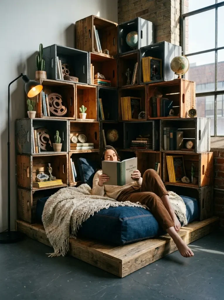 Stacked Crate Library Woman reading on a blue floor mattress surrounded by wooden crate bookshelves.
