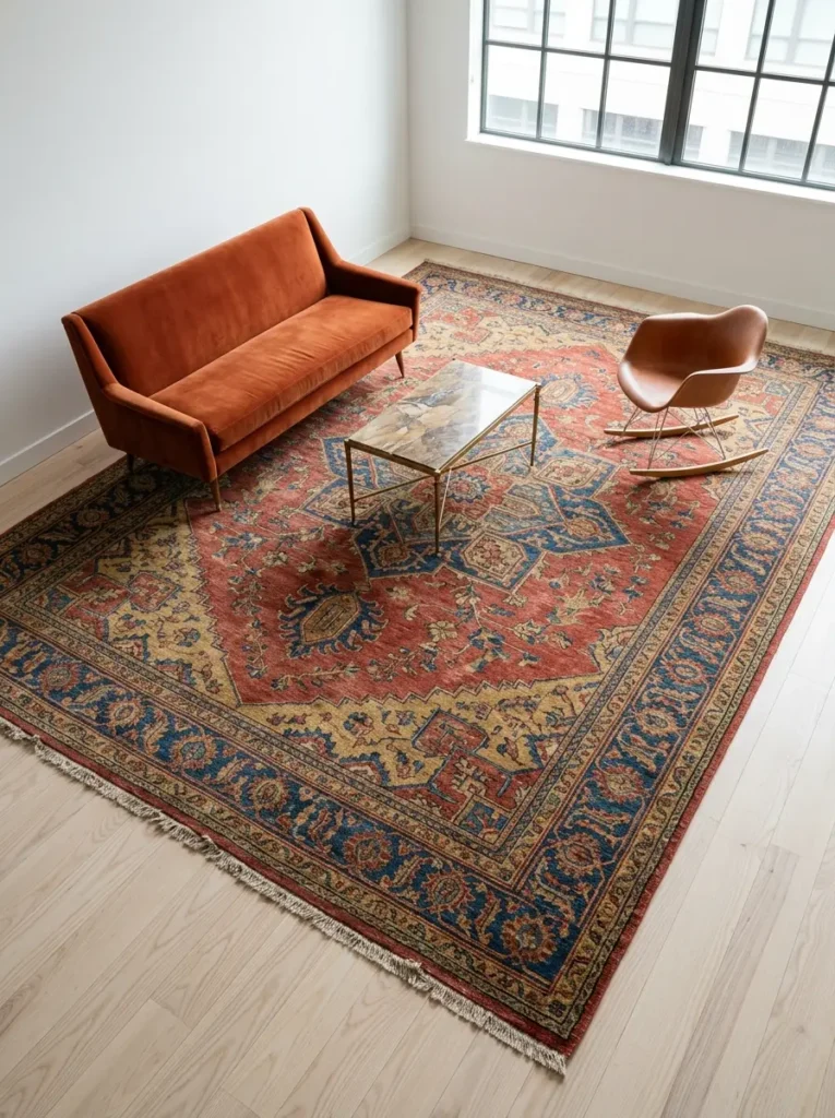 Large Vintage Area Rug Very large vintage red and blue area rug covering a light wood floor under a rust sofa.
