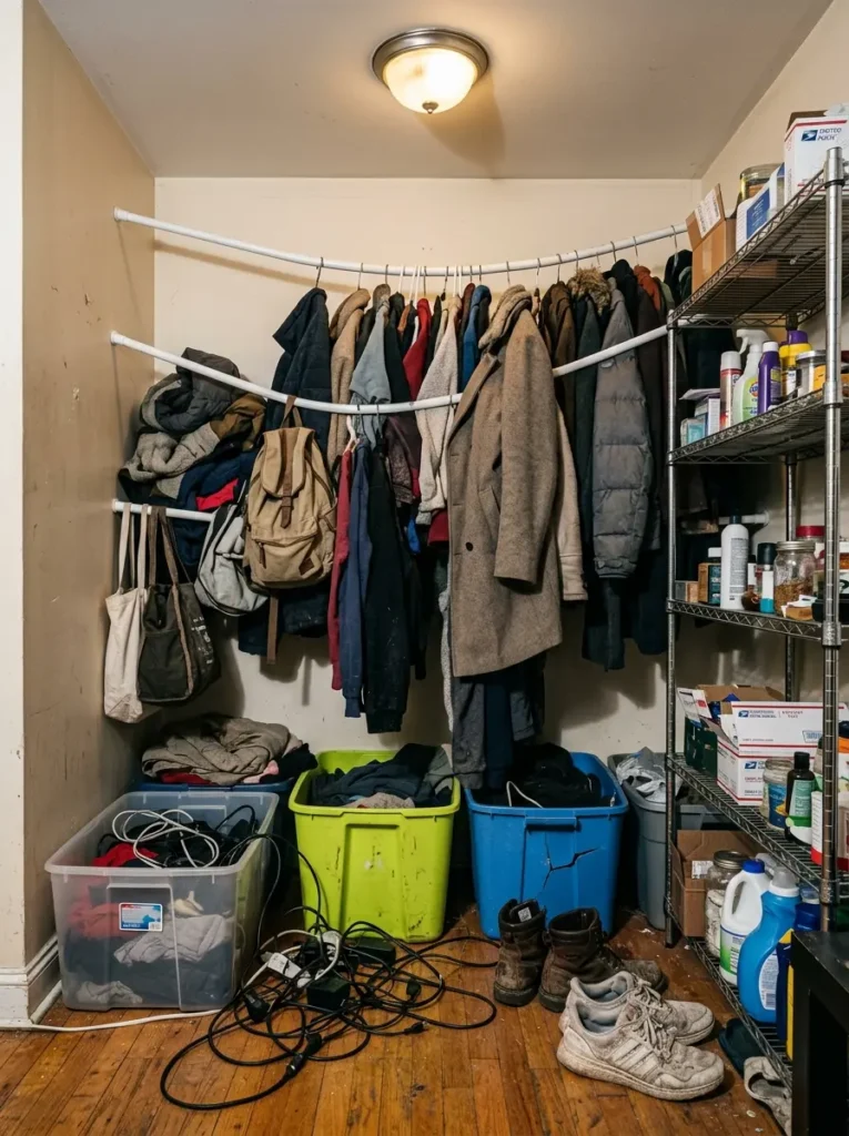 Awkward bedroom corner filled with flimsy curved plastic rods hanging heavy winter coats above plastic storage bins