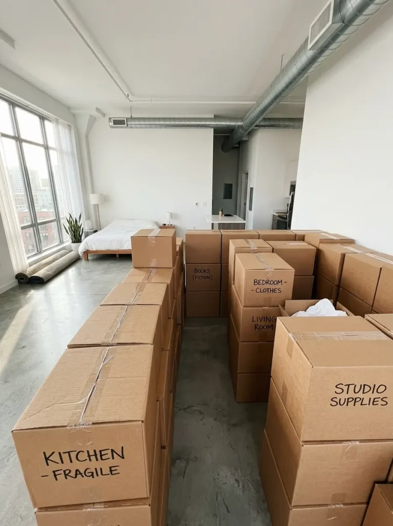 Countless brown cardboard cartons form a tall temporary wall inside an open loft.