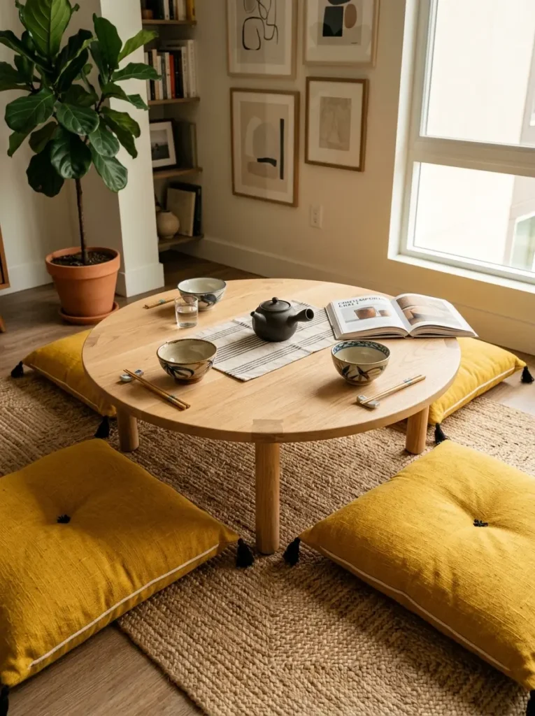 Round Wooden Floor Dining Table Low circular light wood table surrounded by four square yellow floor cushions