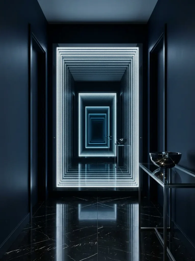 Rectangular infinity mirror portal expanding the space in a dark apartment hallway.