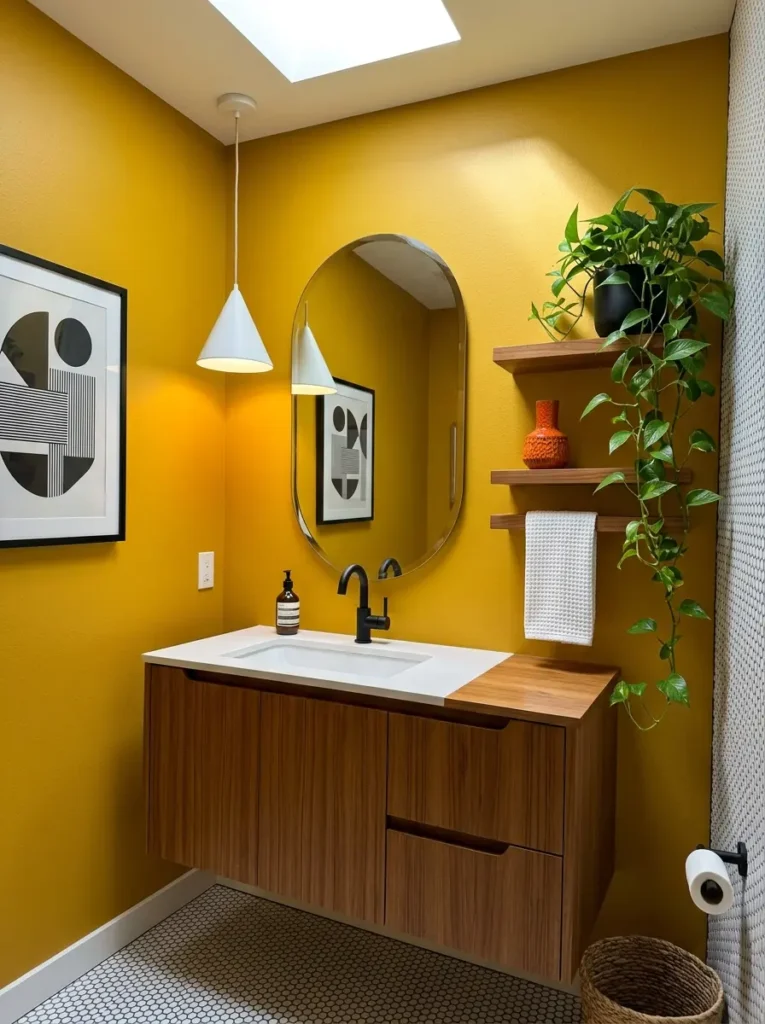 Mustard Yellow Gallery Bathroom Deep yellow bathroom with walnut vanity and white shelves