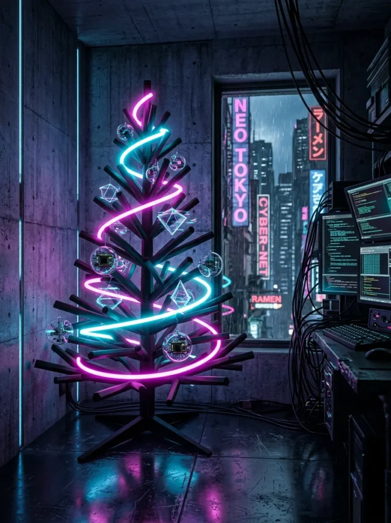 Sleek black branches wrapped in spiraling pink and cyan neon tubes in a hacker studio
