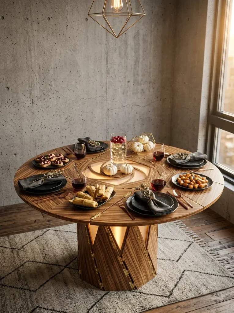 Round zebrawood dining table with a geometric folding design and illuminated cutout pedestal base