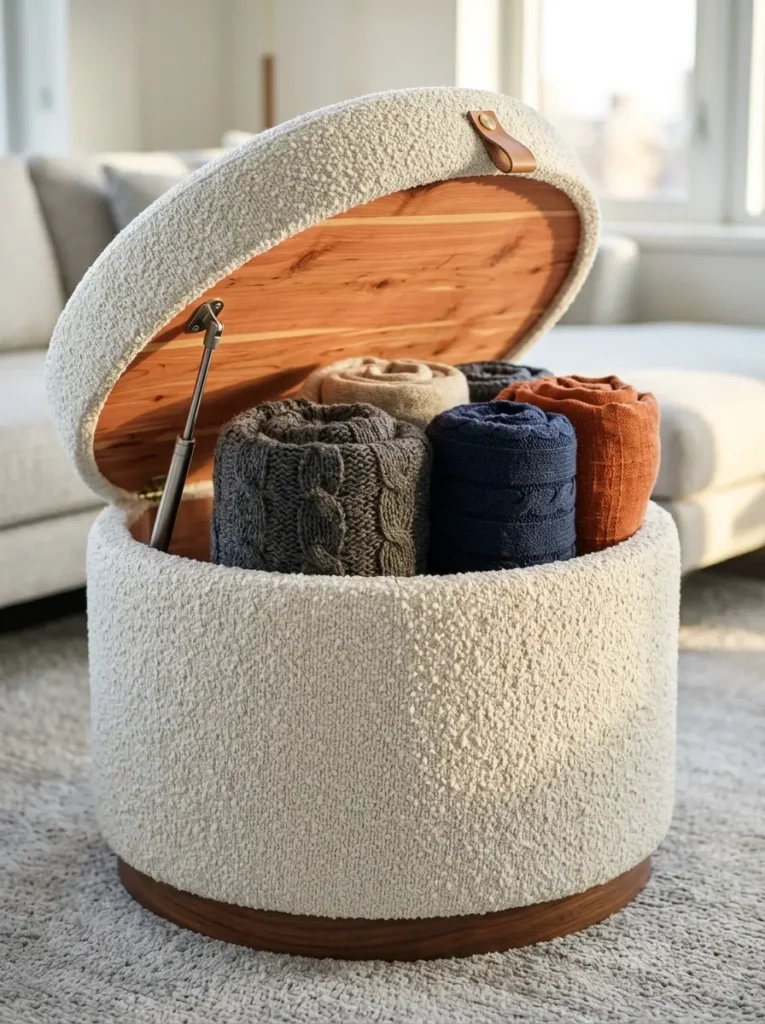 Textured white fabric stool opens on metal hinges to reveal five tightly rolled knit blankets inside.