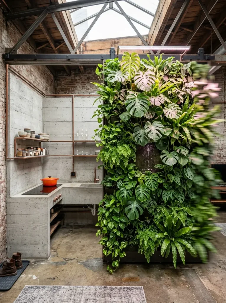 A massive vertical garden wall covered in lush green plants sliding on a top rail to expose a raw concrete corner kitchen.