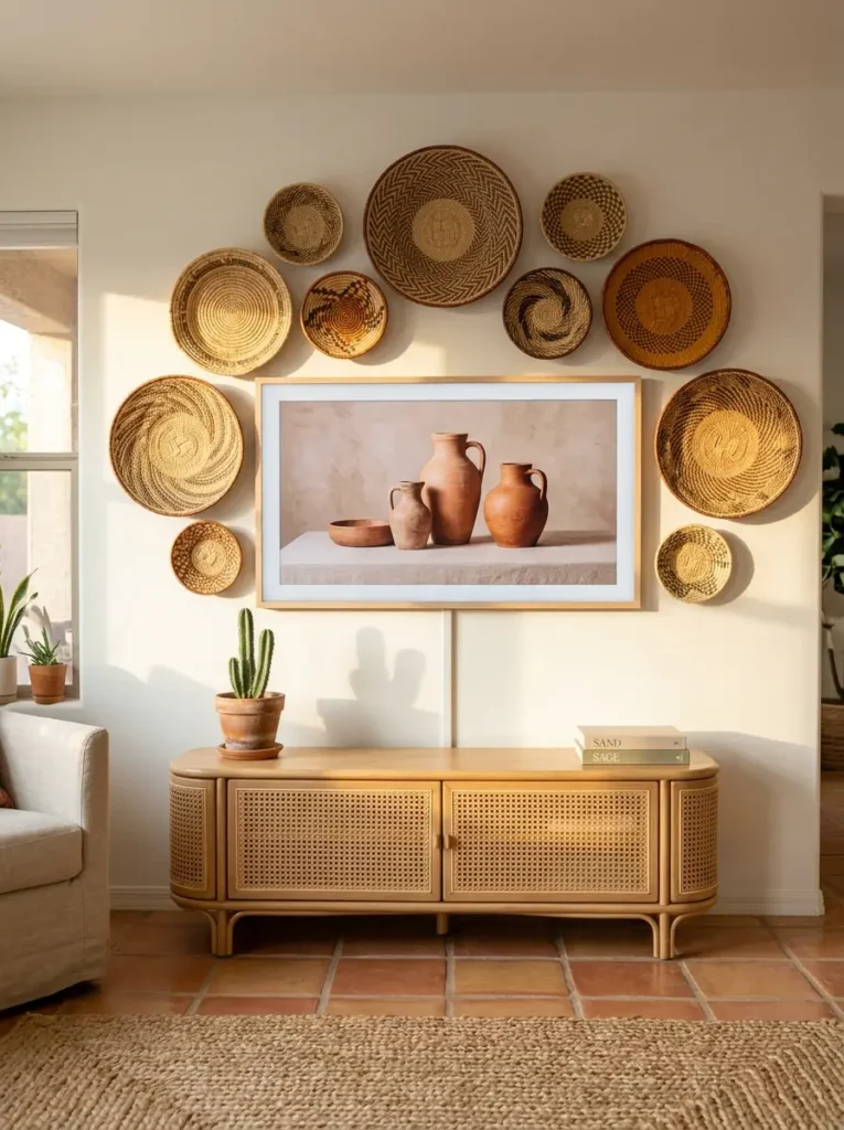 Woven basket gallery wall arches over a framed screen in a boho small living room tv wall setup.