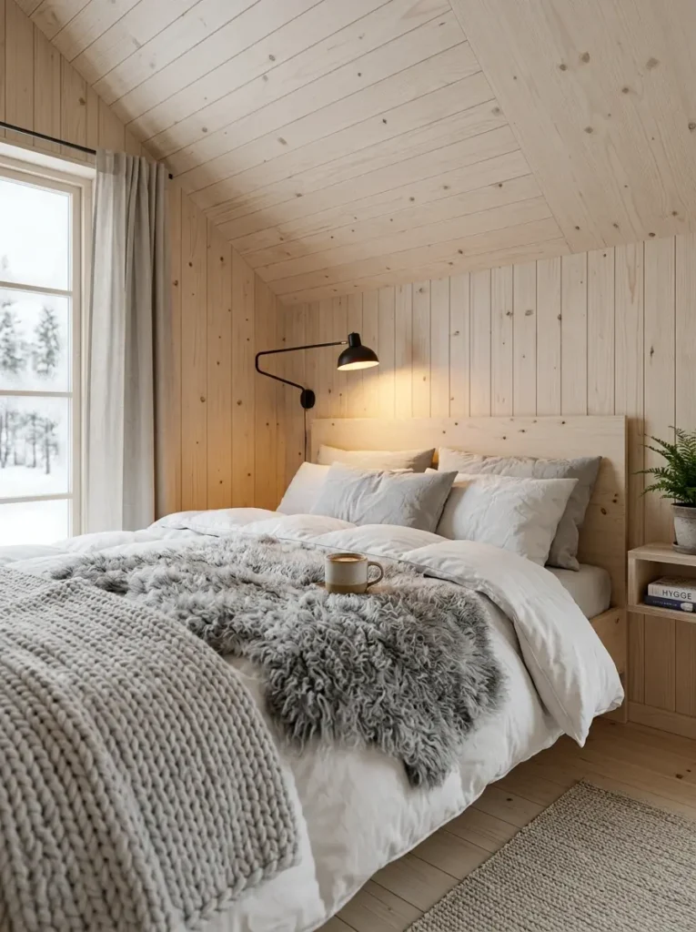 Scandinavian style room completely covered in light wooden planks featuring a cozy bed with thick fuzzy grey blankets