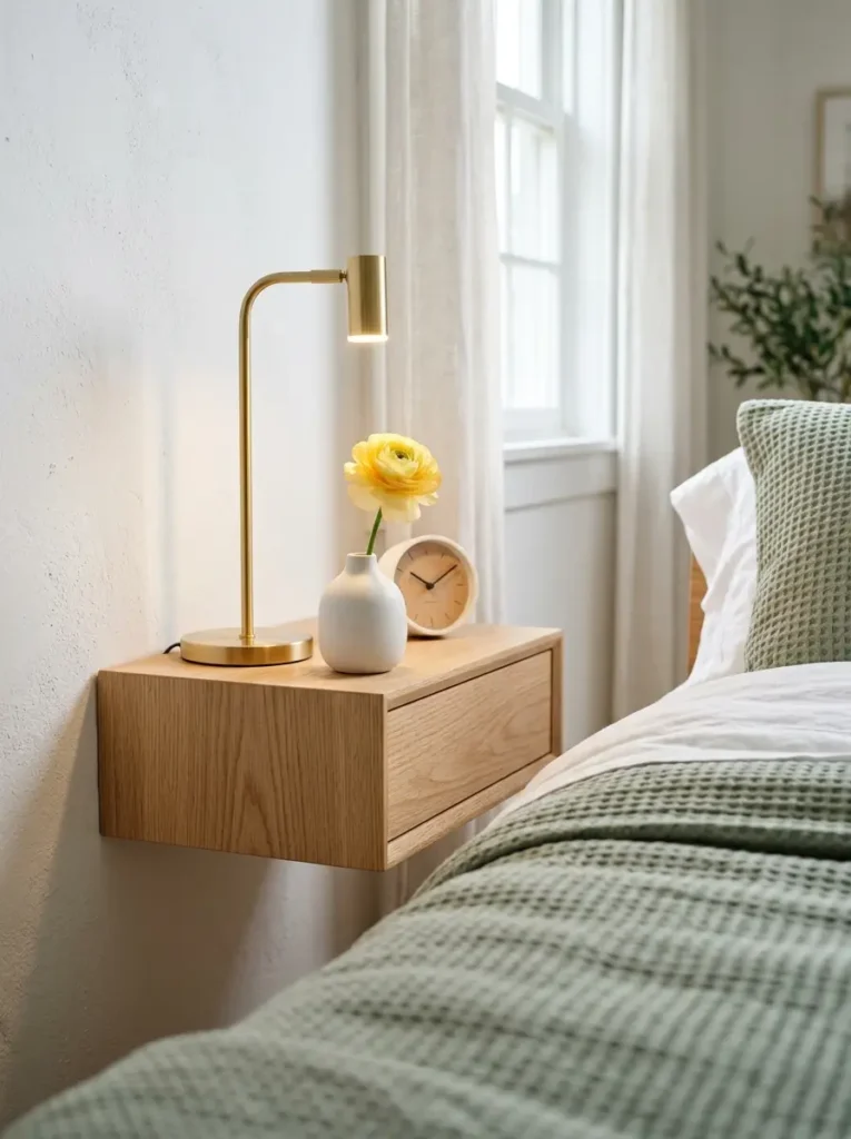 Brass lamps and a single yellow flower sit on a suspended timber nightstand.