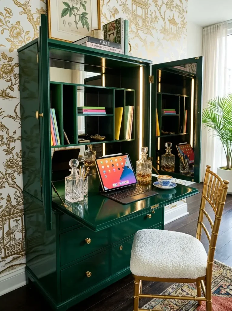 High gloss green desk cabinet with gold handles and mirrors.