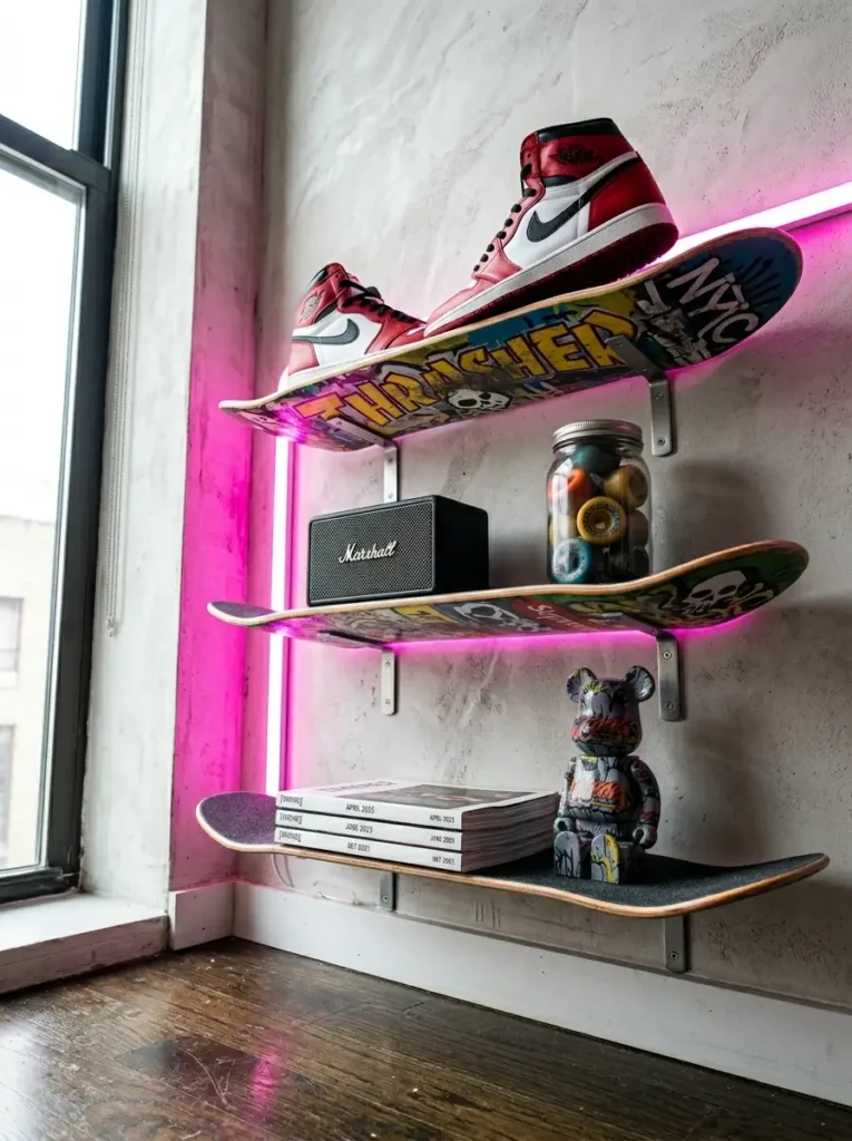 Three colorful skateboard decks used as shelves mounted with metal brackets against a concrete wall.