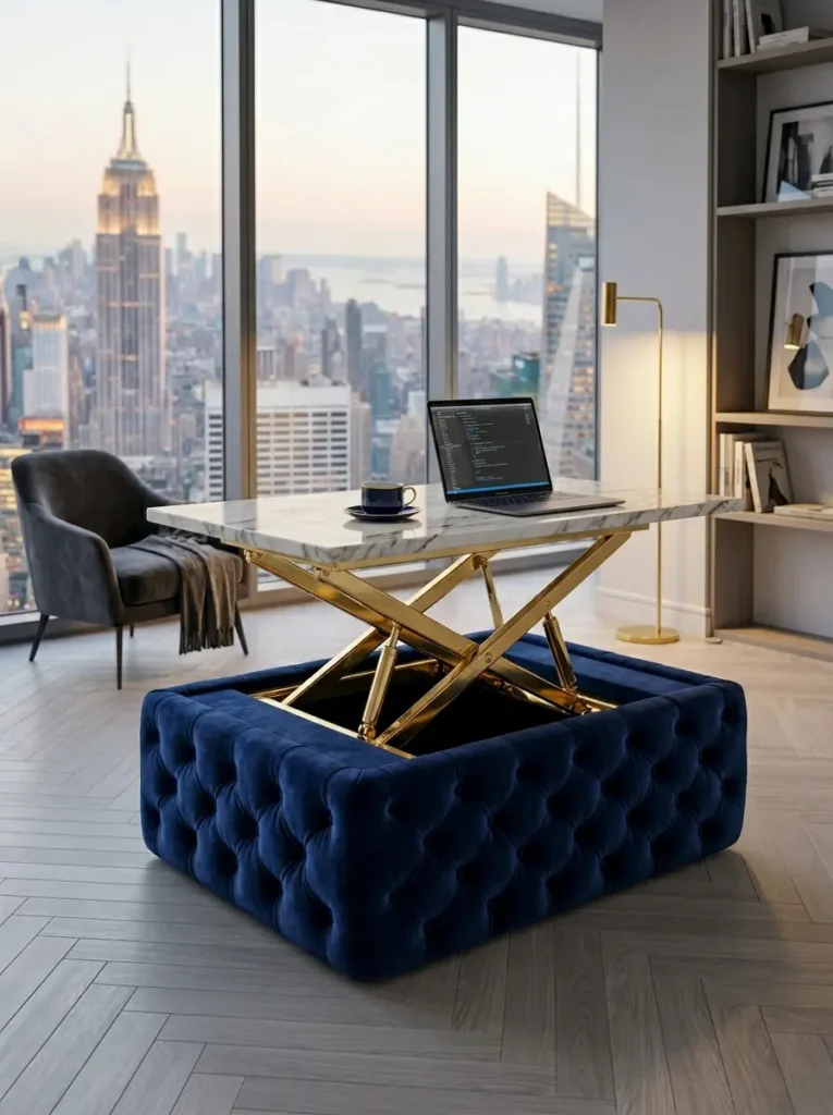 Velvet Ottoman Lift Desk Blue velvet tufted ottoman with a white marble top raised on gold mechanical lifts.