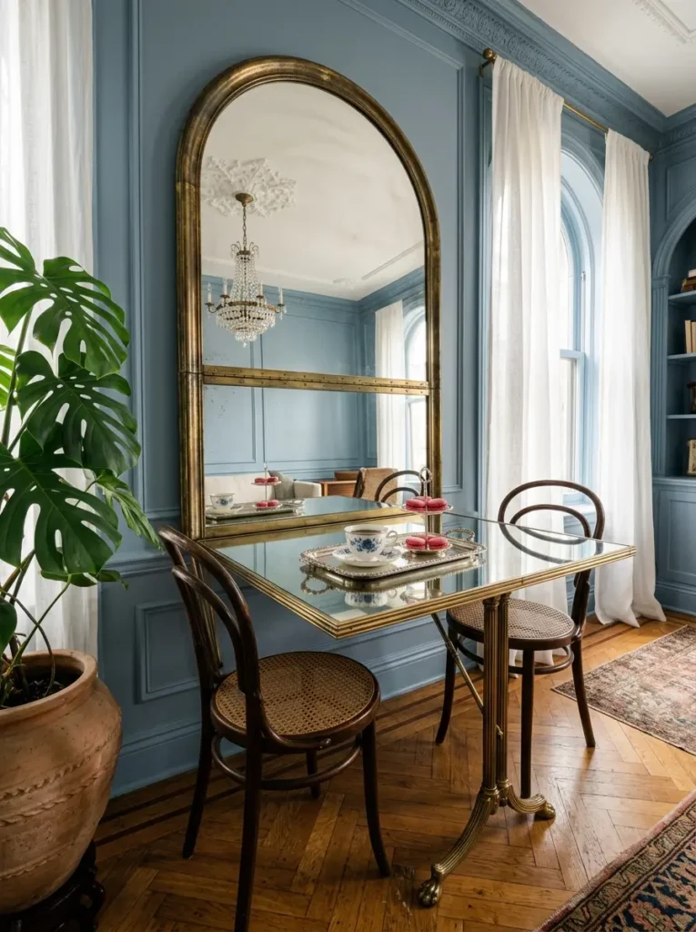 Arched Gold Mirror Fold Down Glass Desk Arched antique mirror with a fold out glass space saving dining table and two woven chairs.