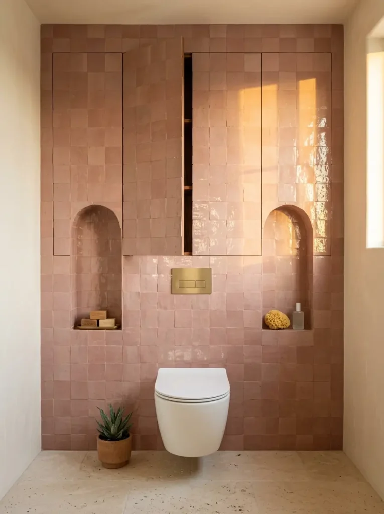 Flush dusty pink tiled cabinet doors opening above a white toilet