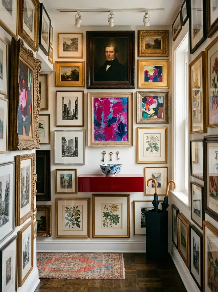 Numerous framed paintings and prints cover a narrow hallway wall surrounding a bright red floating drawer.