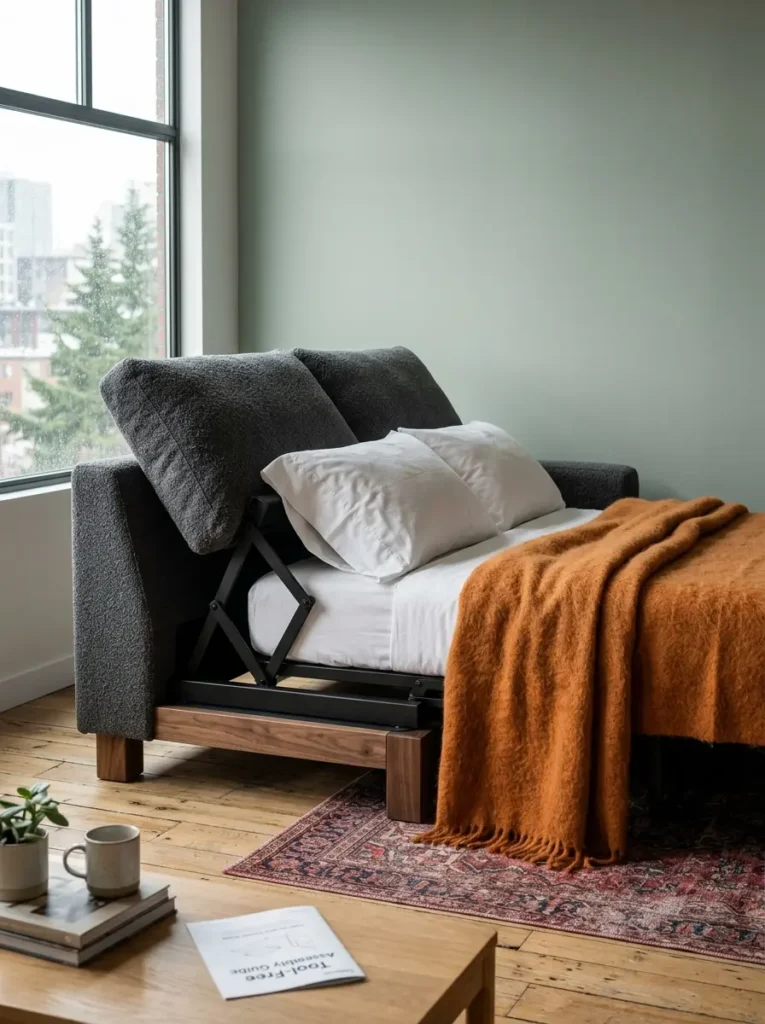 Convertible Gray Sofa Bed Charcoal gray convertible sofa with black metal scissor hinges pushing the backrest down into an affordable murphy bed.