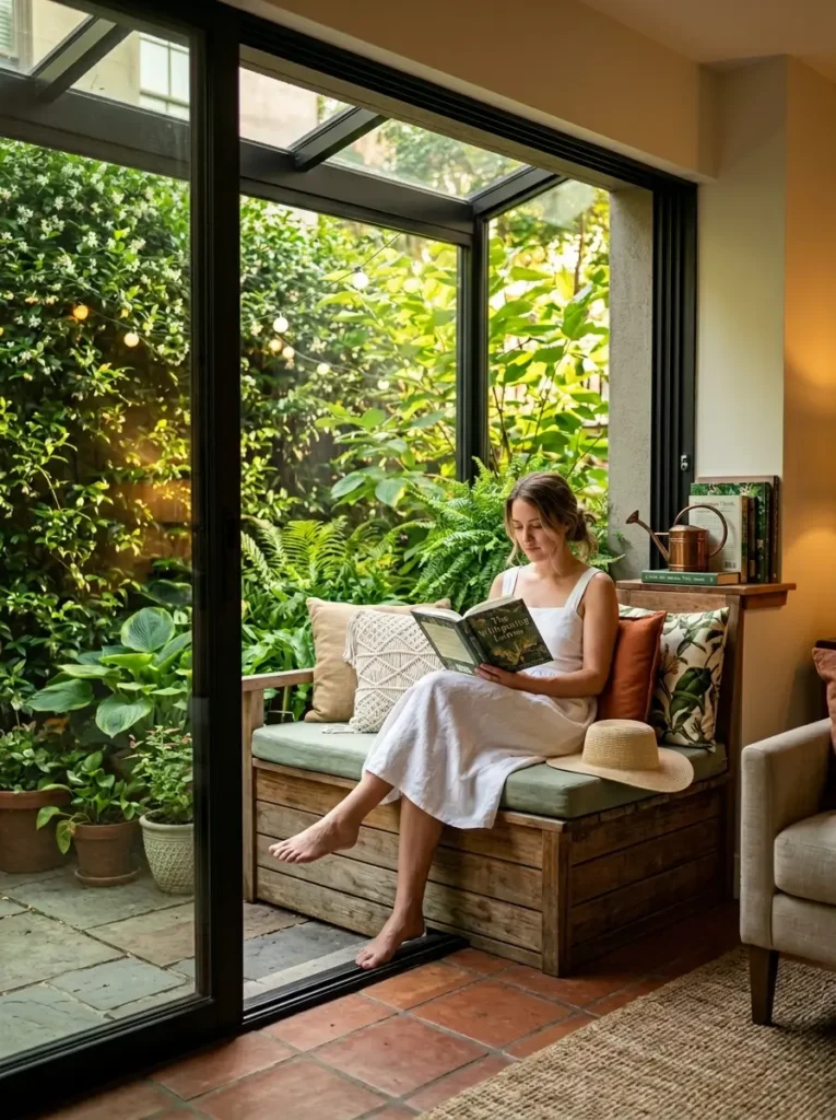 Garden View Bench Woman in white reading on a wooden bench looking out at a green garden.