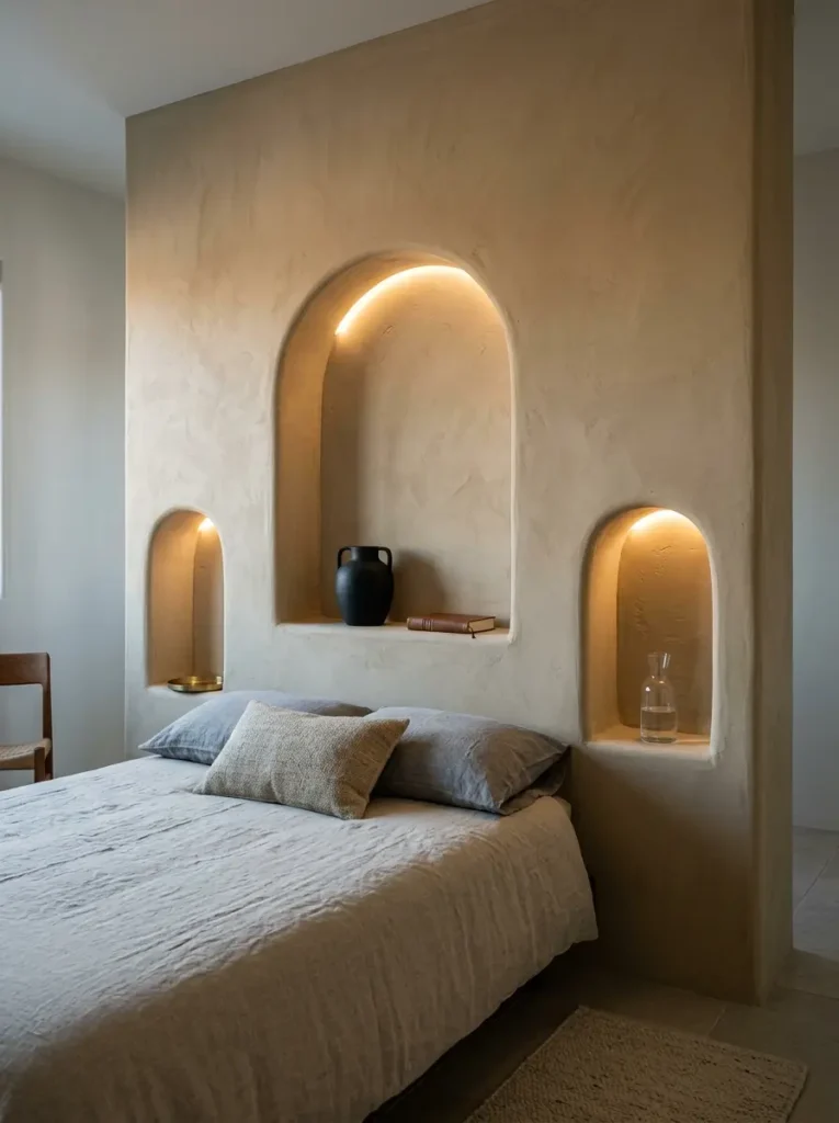 Recessed Plaster Wall Niches Smooth beige plaster wall with three arched recessed niches illuminated by hidden lights.