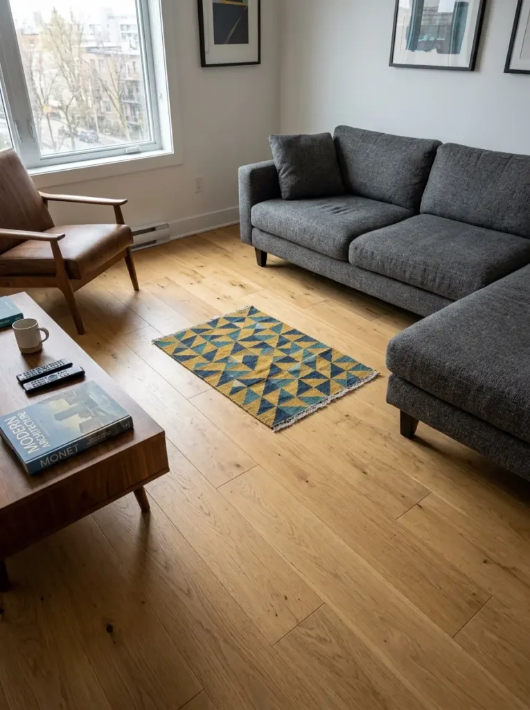 Very small blue and yellow geometric area rug floating awkwardly in the middle of a large wooden living room floor