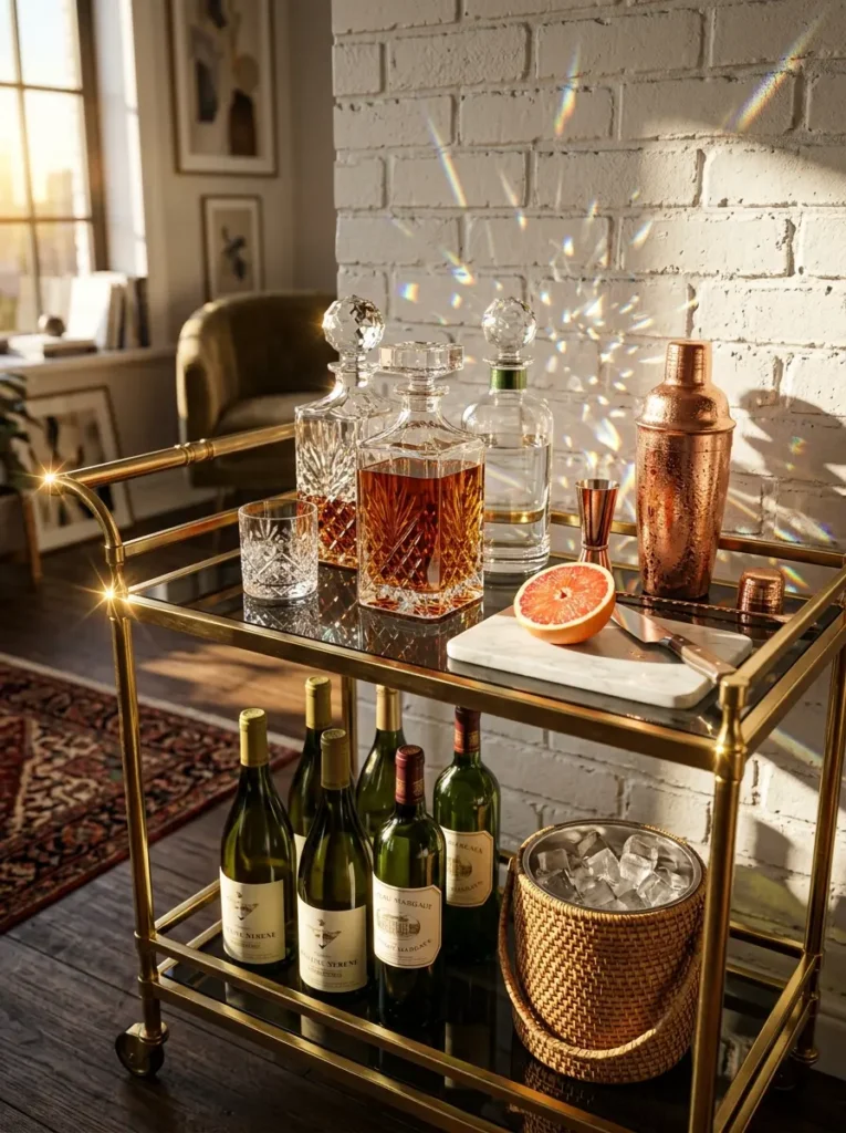 Golden sunlight hits crystal decanters resting on a tiered brass trolley near a brick wall.