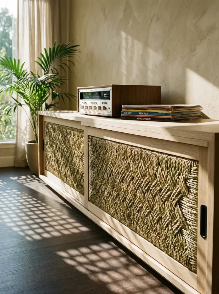Woven Seagrass Media Console Low light wood media console featuring sliding doors made of thick woven seagrass rope