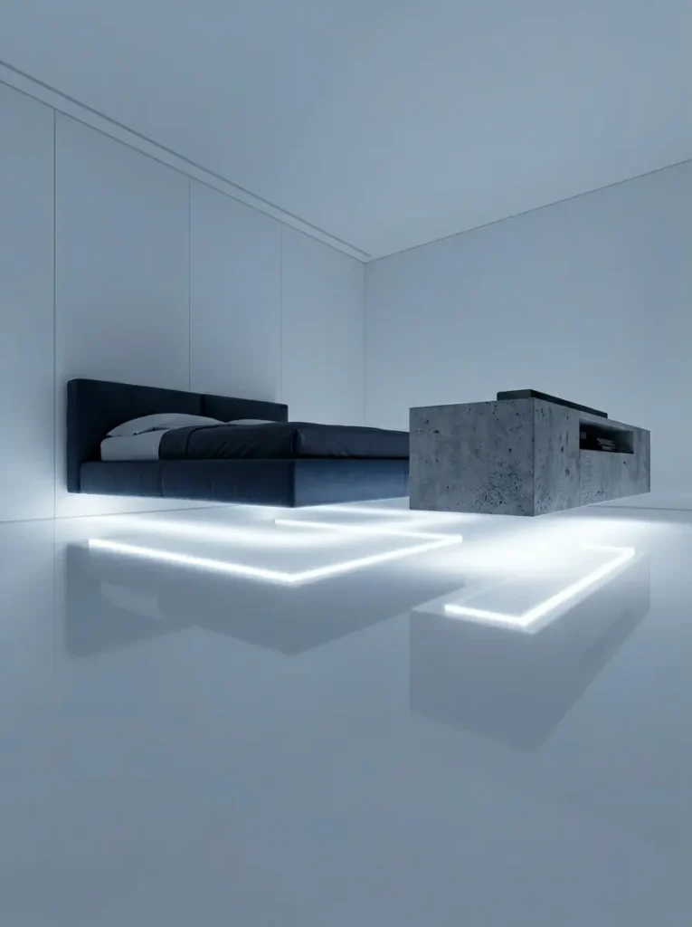 Bright under floor LED lighting making a bed float in a dark apartment.