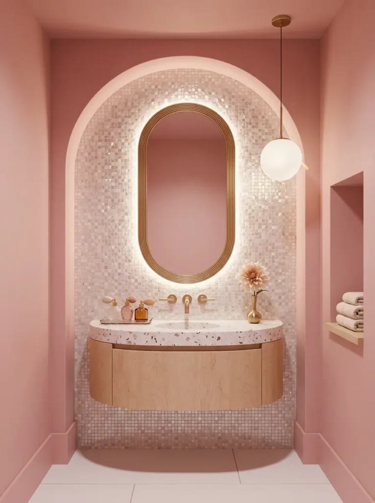 Dusty Blush Pink Mosaic Bathroom Rose pink bathroom with arched mirror and mosaic tiles