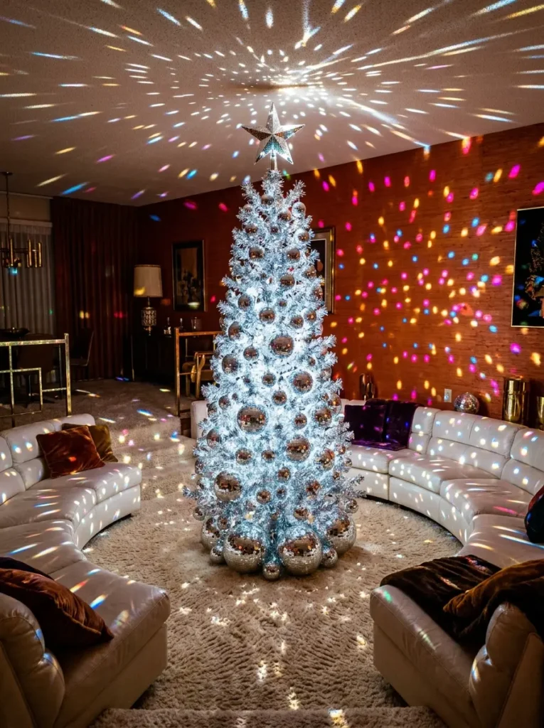 Dazzling silver tree covered entirely in mirrored disco balls scattering light across a white room
