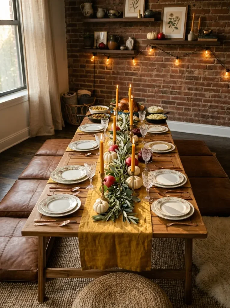 Long low wooden dining table surrounded by brown leather floor cushions set with a yellow runner