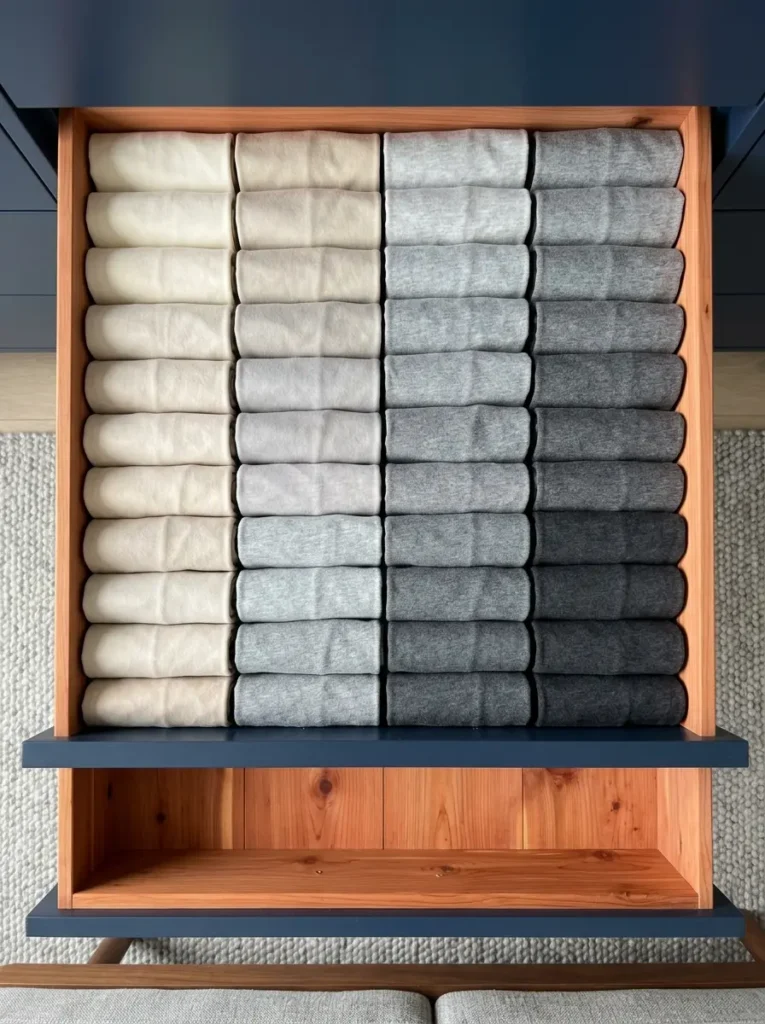Folded cotton shirts line up tightly inside a wooden drawer transitioning from cream to charcoal gray.