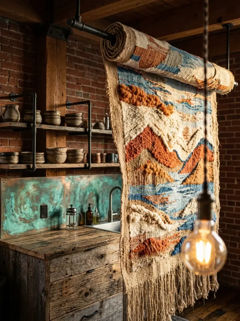 A thick woven tapestry featuring a mountain landscape rolling upward on an iron pipe to reveal a rustic wood and copper kitchen.