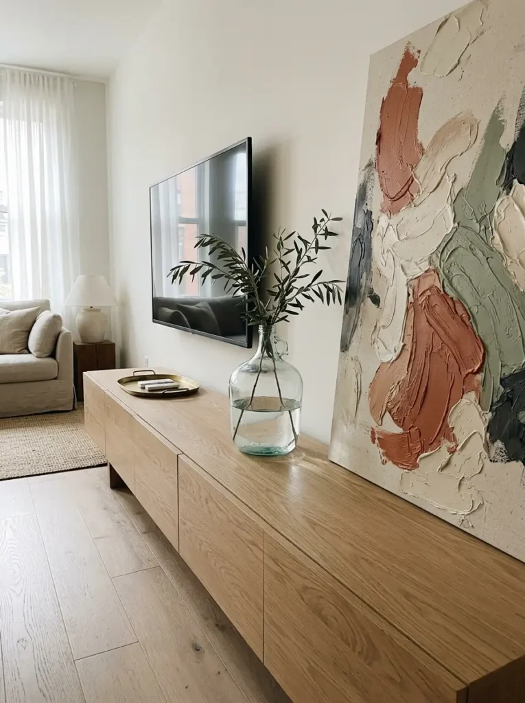 Leaning textured canvas art next to a screen on an oak console for a small living room tv wall.