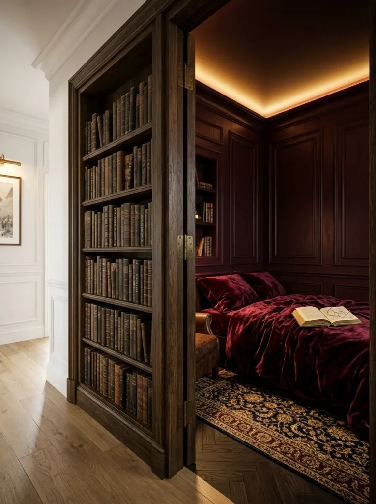 Large wooden bookcase swinging open to reveal a hidden dark moody bedroom with rich burgundy velvet bedding