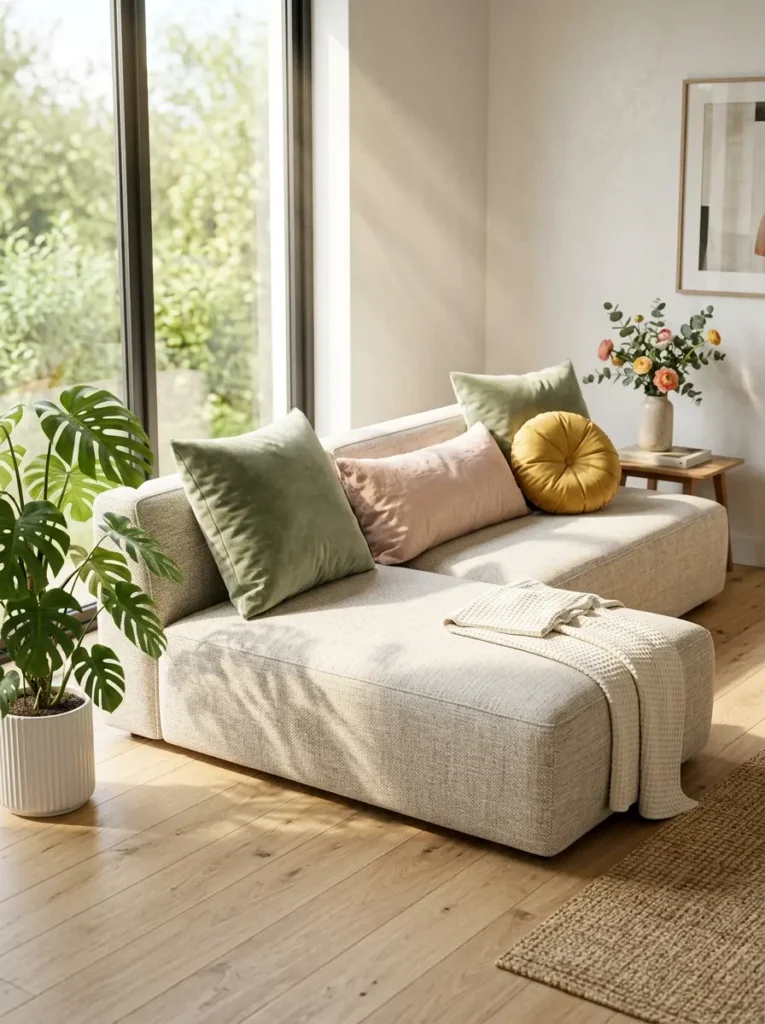 Beige modular sofas with green and yellow pillows sit on wooden floors.