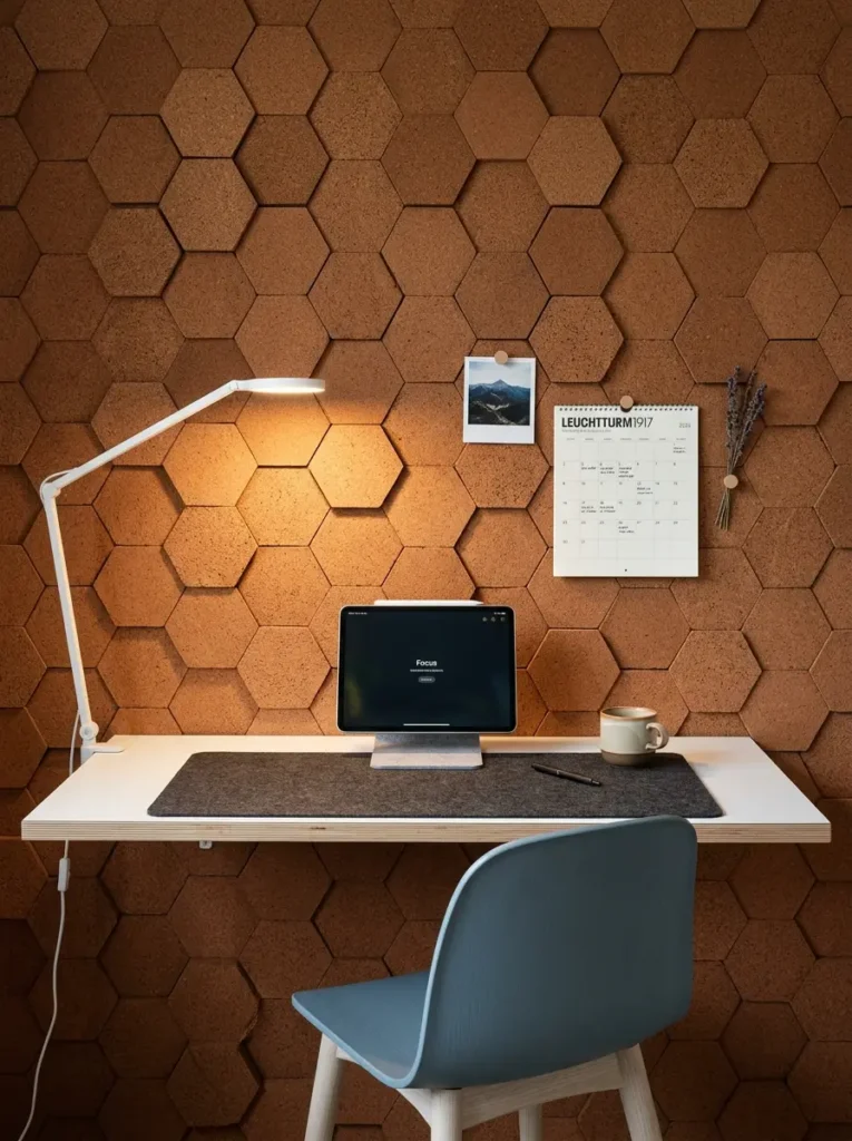 Hexagonal cork tiles on a wall behind a white floating desk.