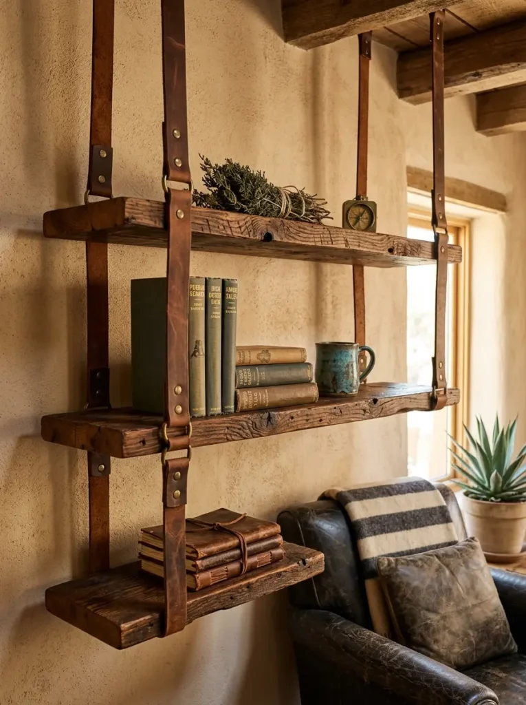 Rough wooden planks suspended vertically by thick leather belts with brass rivets holding vintage books.