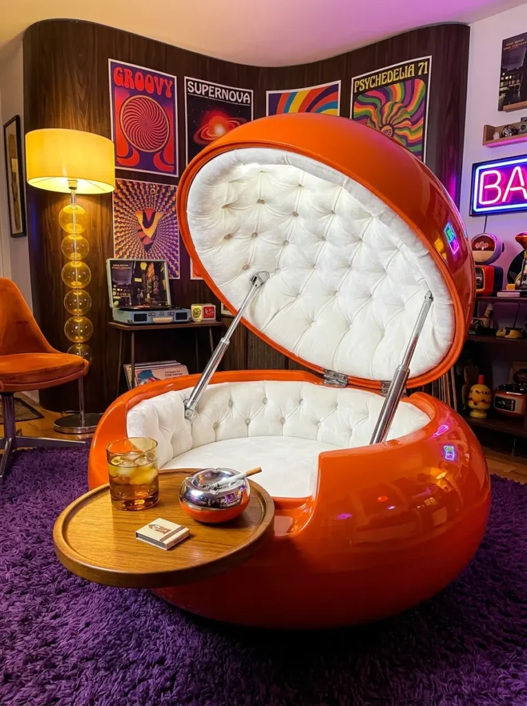 Orange Clamshell Lounge Pod Orange spherical fiberglass pod opened to show a white tufted seat and a small drink tray.