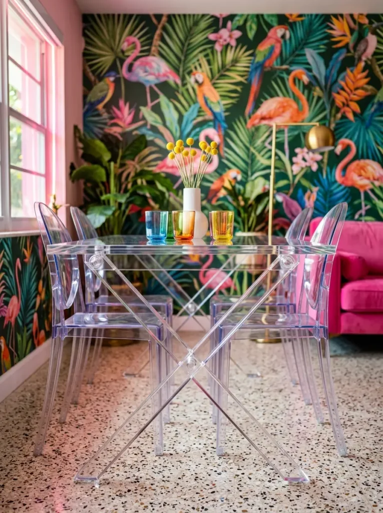 Clear Acrylic X Frame Transparent Setup Transparent acrylic space saving dining table with an X frame base and clear chairs in a bright room.