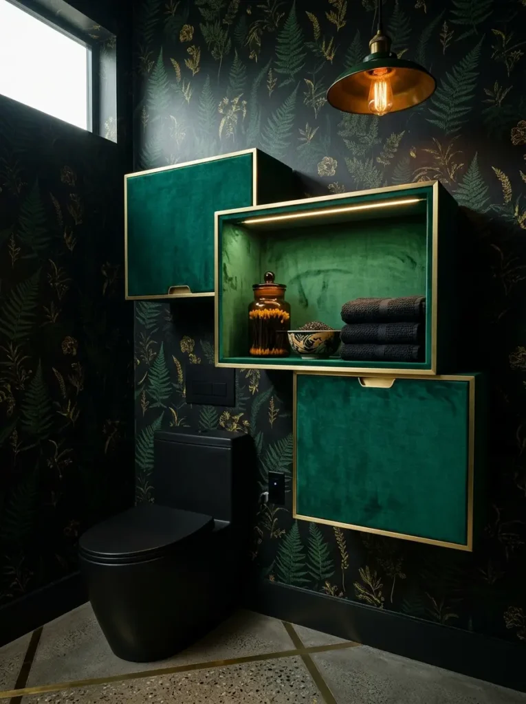 Three emerald velvet covered floating boxes with gold trim on dark wallpaper