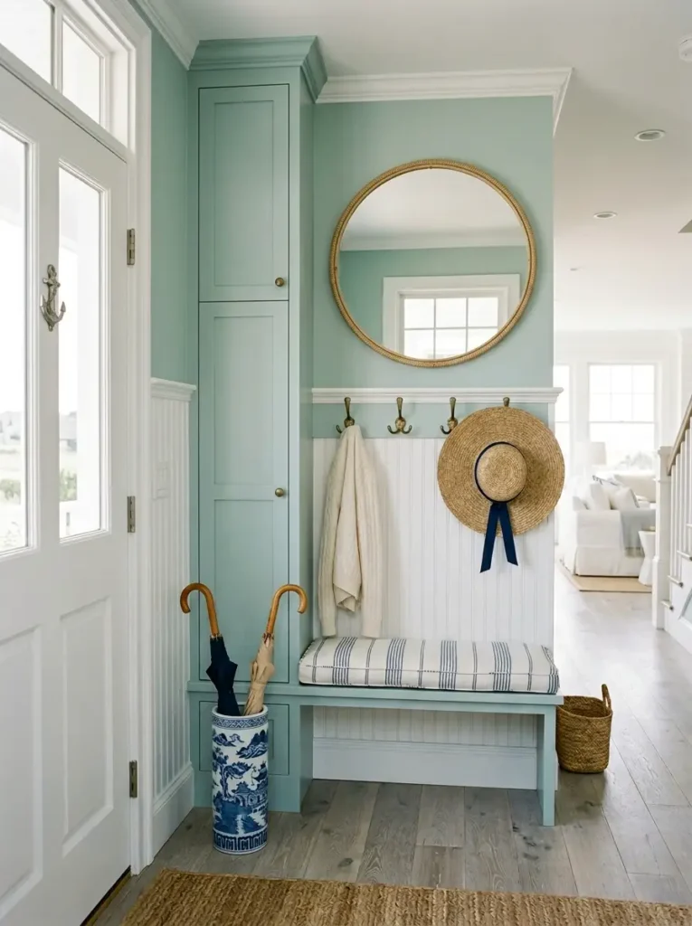 Seafoam green custom cabinets and a bench seat with a striped cushion fit snugly into a paneled corner.