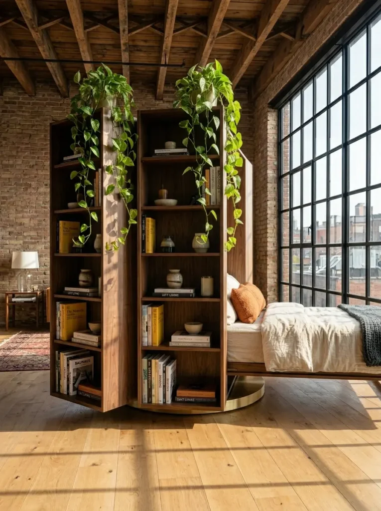 Rotating Bookshelf Hidden Bed Tall rotating wooden bookshelf that spins to expose a concealed affordable murphy bed.